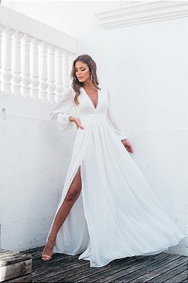 Vestido de noiva branco simples com decote V e manga longa