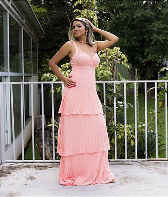 Vestido longo plissado saia babado