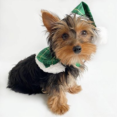 Poncho com Gorro de Natal Xadrez Verde para Cachorros e Gatos