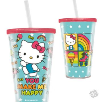 Copo com Canudo - Hello Kitty Happy - Com Glitter