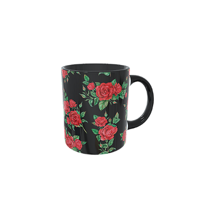 Caneca Porcelana 300ml Rosas Fundo Preto - Kathavento
