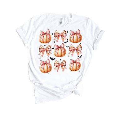 Camiseta Feminina de Algodão Halloween Abobora Laço