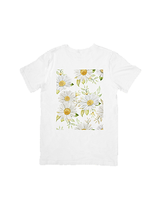 Camiseta Branca de Algodão Margaridas