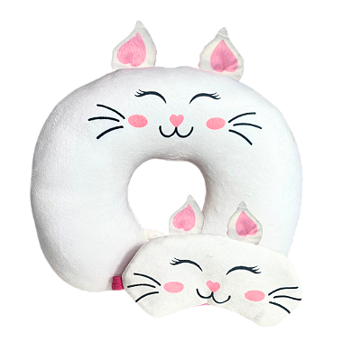 Kit Infantil Gatinha | Almofada de Pescoço Aveludada + Máscara de Dormir – Conforto e Diversão para os Pequenos