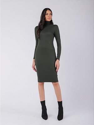 Vestido Midi Canelado Manga Longa Tubinho Outono Inverno Brinco