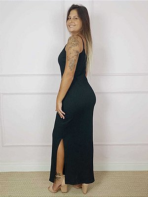 Vestido Longo Canelado Alcinha Slim E Plus Size Com Fenda