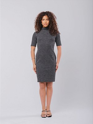Vestido Plus Size Tubinho Midi Gola Alta Boneca Brigitte Tweed