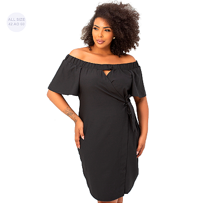 Vestido Social Plus Size Tecido Ciganinha Ellegance all curves Transpassado Preto Feminino Trabalho Elegante Tamanhos Grandes para mulheres 46 ao 52