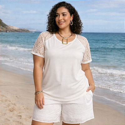 Blusa feminina elegante Plus Size Básica em Malha com Recorte Ombro Renda tamanhos grandes do 46 ao 54 comprimento mais alongado