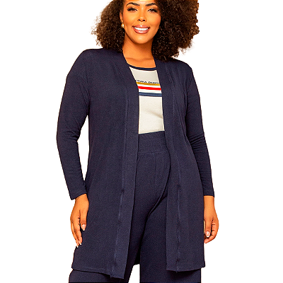 CARDIGAN MALHA LANZINHA PLUS SIZE BOLSOS AZUL MARINHO 42-60