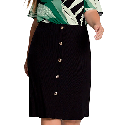 Saia Preta Evase Couro Fake Plus Size 50 botões frente