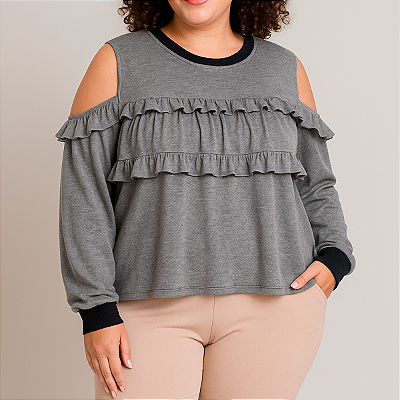 BLUSA CROPPED PLUS SIZE FASHION CURVE MOLETOM COM BABADOS GG-46-48
