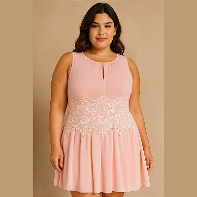 VESTIDO REGATA EVASÊ CAMADAS CHIFFON COM RENDA GUIPIR FESTA CASAMENTO COR ROSÊ TAMANHO 42/44