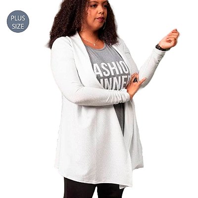 CASACO Cardigan Plus Size Lurex Prata TAMANHO 46 frente assimétrica MANGA LONGA COM FRANZIDO