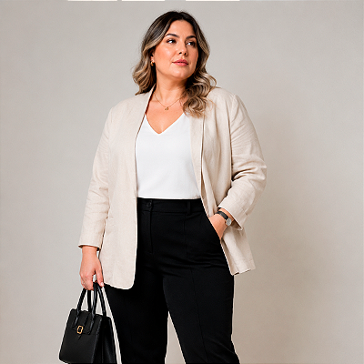 Casaco Blazer Plus Size em Linho sem gola minimalista com bolso tamanho GG-48/50 Casual elegante