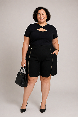 Bermuda Alfaiataria Plus Size Curvy em Linho com bolsos Detalhe Lurex 44–GG Social Elegante