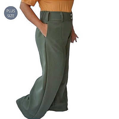 Calça Alfaiataria Plus Size Feminina cintira alta com bolso Pantalona Elegante tamanho 46 verde militar