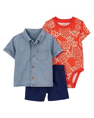 Trio Menino  Conj 3 Pçs Camisa Jeans, e body de abacaxi