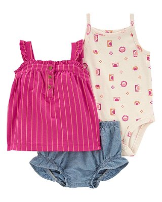 Trio  floral rosa com body estampado