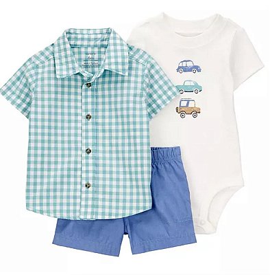 Trio camisa xadrez, bodies carrinhos e short / nova coleção