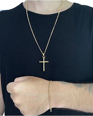 kit corrente e pulseira de ouro masculina Pingente Crucifixo