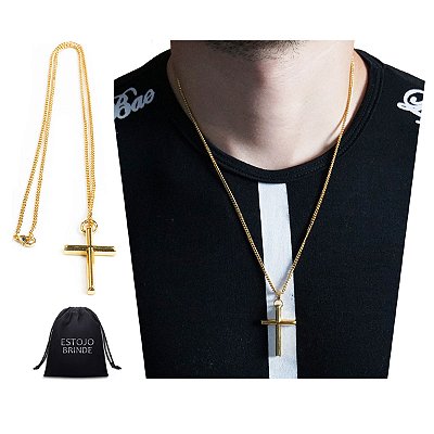 Corrente de Ouro Masculina mais pingente Crucifixo Liso