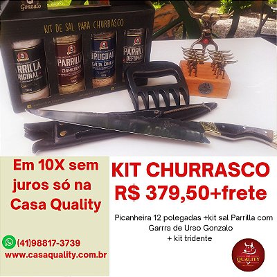 Kit churrasco (picanheira 12 polegadas + kit tridente + kit Sal com garra de urso)