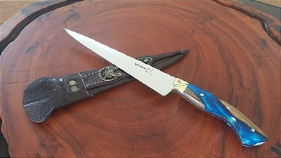 FACA ARTESANAL 8" , ACABAMENTO POLIDO e CABO HIBRIDO AZUL