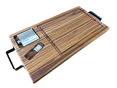 DUPLICADO - Tábua BBQ Madeira Teca - Acompanha cantil para Whisky