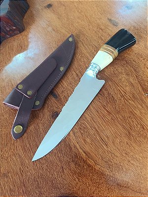 FACA ARTESANAL INOX CIRURGICO 7" CABO EM MADEIRA E RESINA
