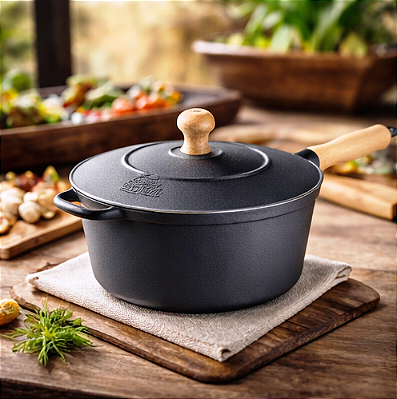 Caçarola de Ferro 3,1 Litros com Tampa de Ferro e Cabo de Madeira Libanez