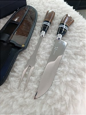 Kit Churrasco 8”' Artesanal – Faca e Garfo com Bainha em Couro