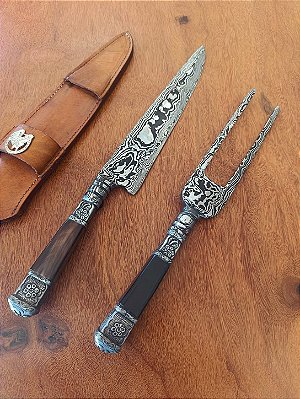 Kit Faca e Garfo em Aço Damasco – Padrão LINEAR