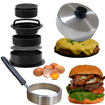 Kit Molde Forma Para Fazer Hambúrguer Abafador Aro Fritar Ovo