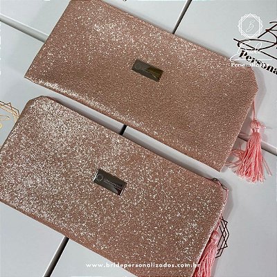 Nécessaire Clutch Brilho Rosé Personalizada com Plaquinha com Logomarca gravada a laser