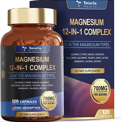 Complexo de Magnésio 700mg, Glicinato, Óxido de Malato, Taurato, Aspartato e Orotato, 120 Capsulas, Totaria Health