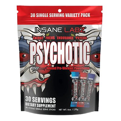 Pré-Treino Psychotic, 30 Sachês Sortidos – Blue Raspberry, Fruit Punch e Uva Insane Labz