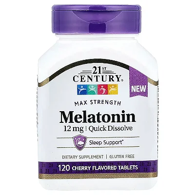 Melatonina, 12 mg, Dissolução Rápida, Sabor Cereja, 120 Tabletes, 21st Century