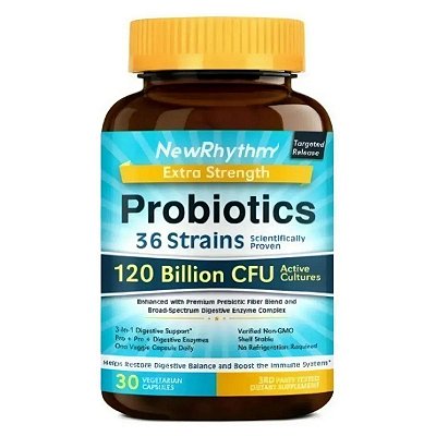 Probiótico 120 Bilhões UFC, 36 Cepas, 30 Cápsulas, com Prebióticos e Enzimas - NewRhythm