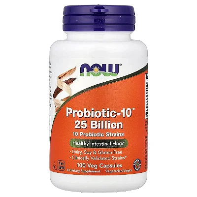 Probiotic-10 25 Bilhões de UFC, 100 Cápsulas Vegetais, 10 Cepas - NOW Foods