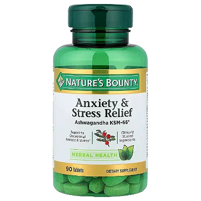 Anxiety & Stress Relief, Ashwagandha KSM-66 + L-Teanina, 90 Comprimidos - Nature's Bounty