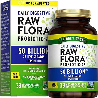 Probiótico Raw Flora 50 Bilhões UFC 25 Cepas, 33 Cápsulas - Nature's Truth