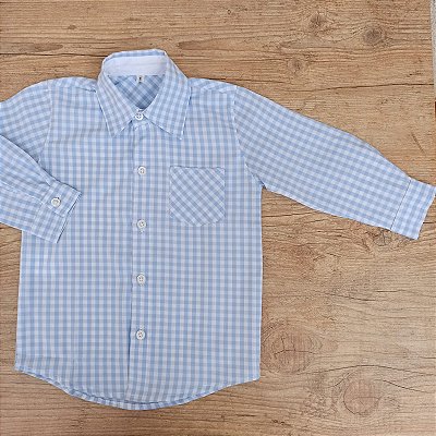 Camisa Manga Longa Xadrez Branco com Azul Claro