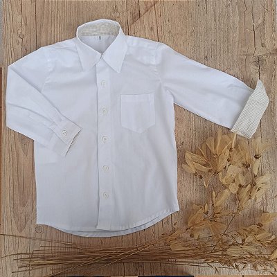 Camisa Manga Longa Branco com Detalhe Xadrez Caqui com Bolso