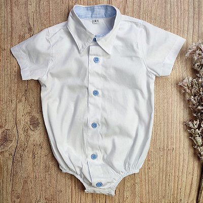 Body Camisa Branco com detalhe Azul Bebê