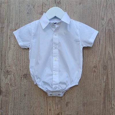 Body Camisa branco Manga Curta detalhe azul Bebê
