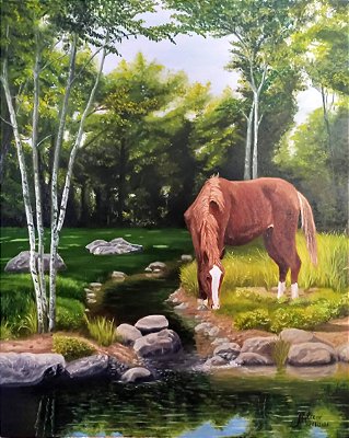 Quadro de paisagem com cavalo - Tinta Óleo Sobre Tela 40x50cm