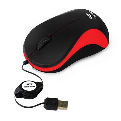 MOUSE OPTICO RETRÁTIL C3TECH MS-10RD VERMELHO E PRETO