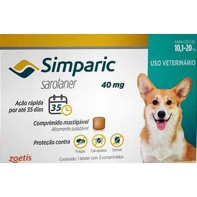 SIMPARIC 40MG 10,1-20KG (ANTI-PULGAS ,CARRAPATOS E SARNAS) CONTEM 1 UNIDADE DE COMPRIMIDO