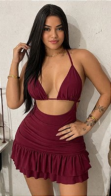 Vestido Cortininha com Babado em Poliamida